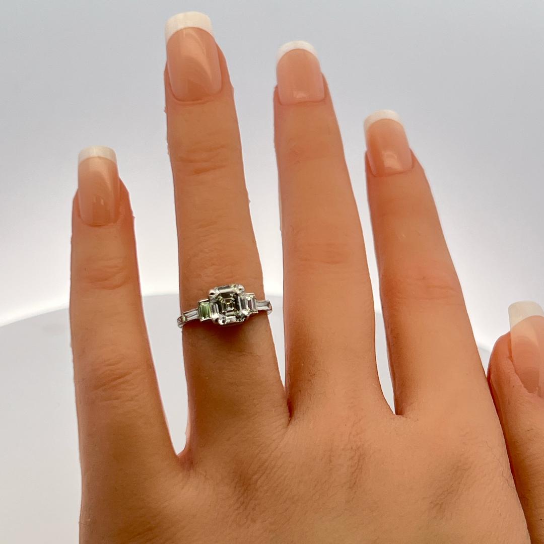 2.08ct Asscher, Emerald & Baguette Diamond Platinum Engagement Ring (G–H VS–SI)