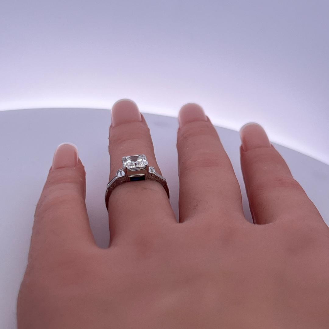 2.08ct Asscher, Emerald & Baguette Diamond Platinum Engagement Ring (G–H VS–SI)