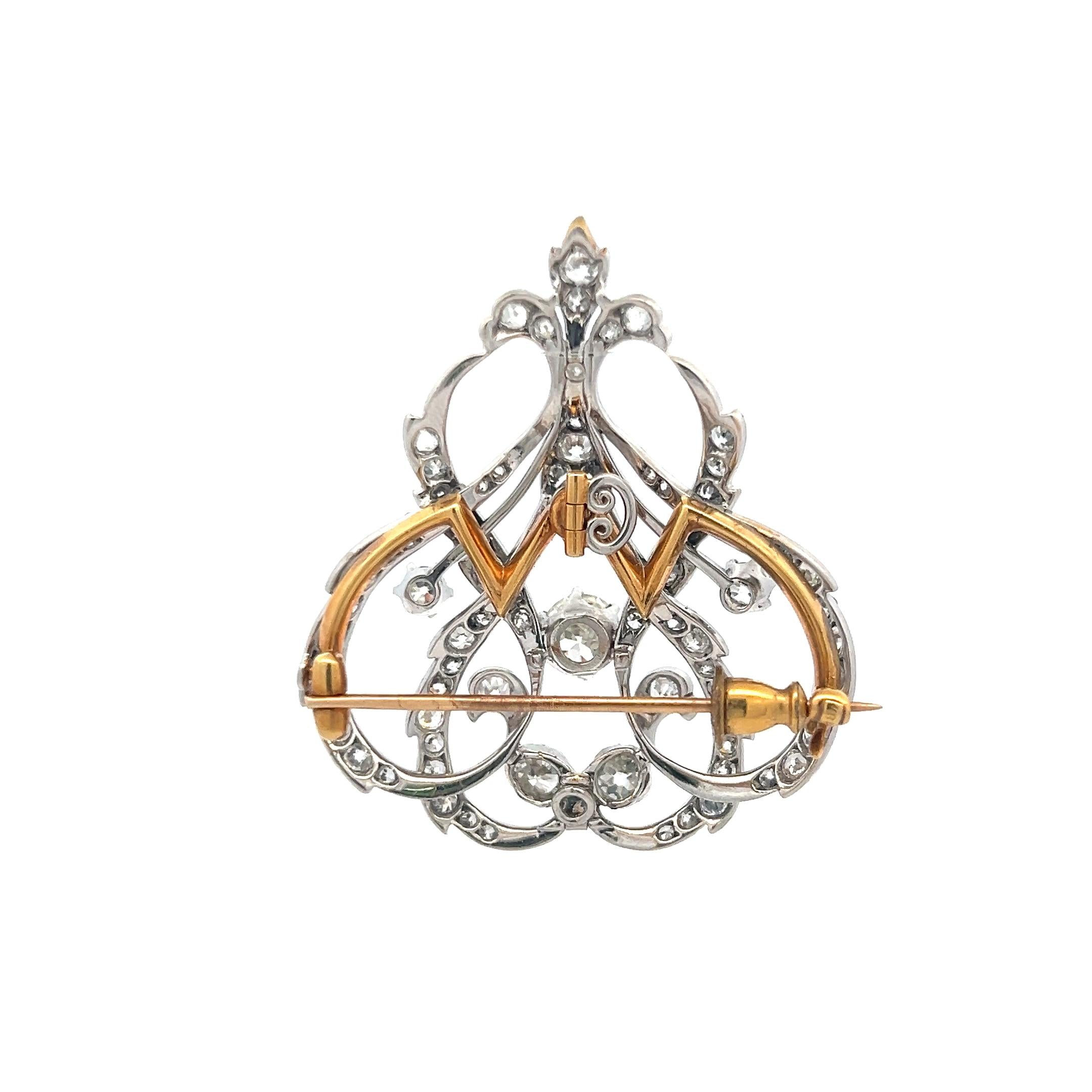Victorian 5.43 Carat Old European Cut Diamond Pin Brooch in Platinum & 18K Gold