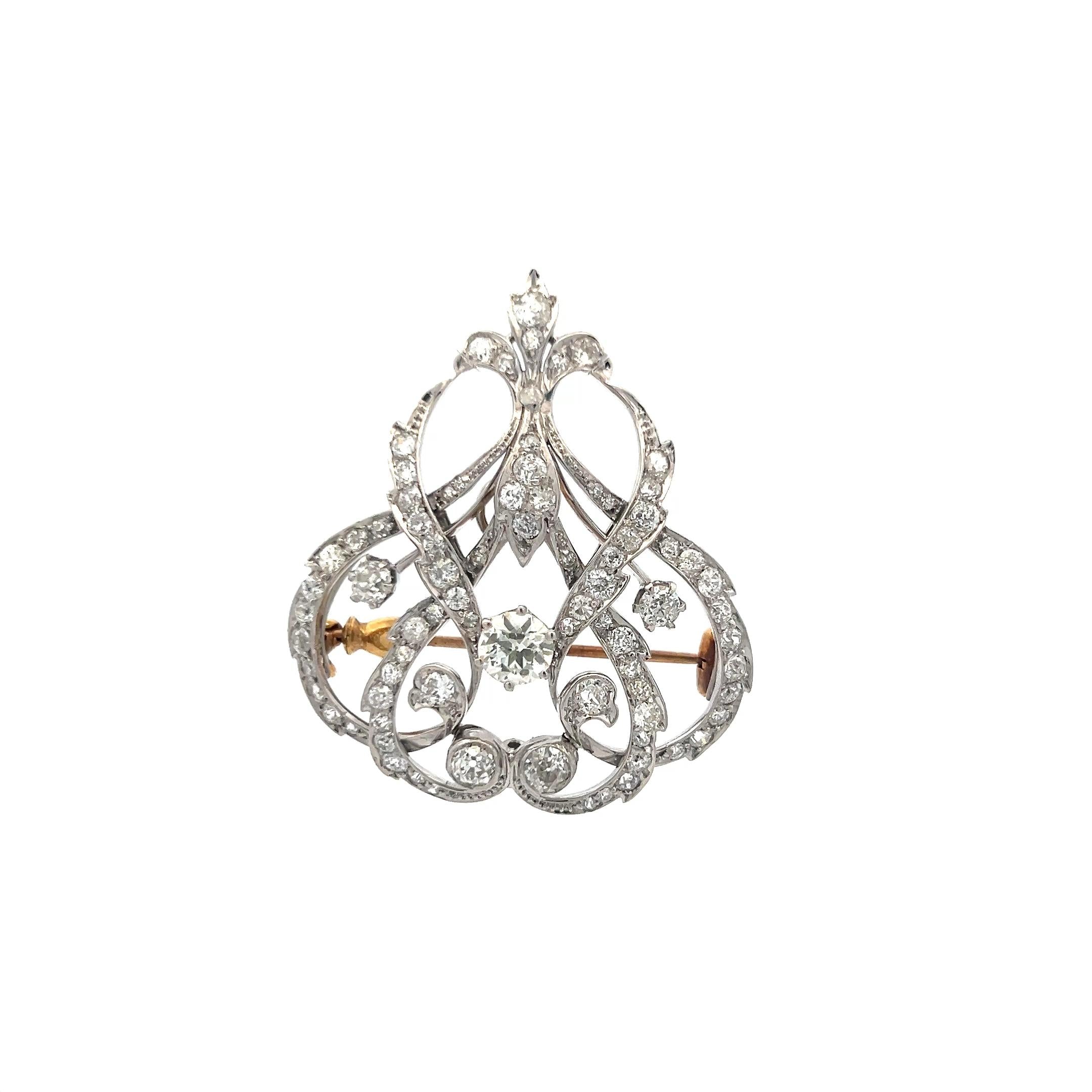 Victorian 5.43 Carat Old European Cut Diamond Pin Brooch in Platinum & 18K Gold