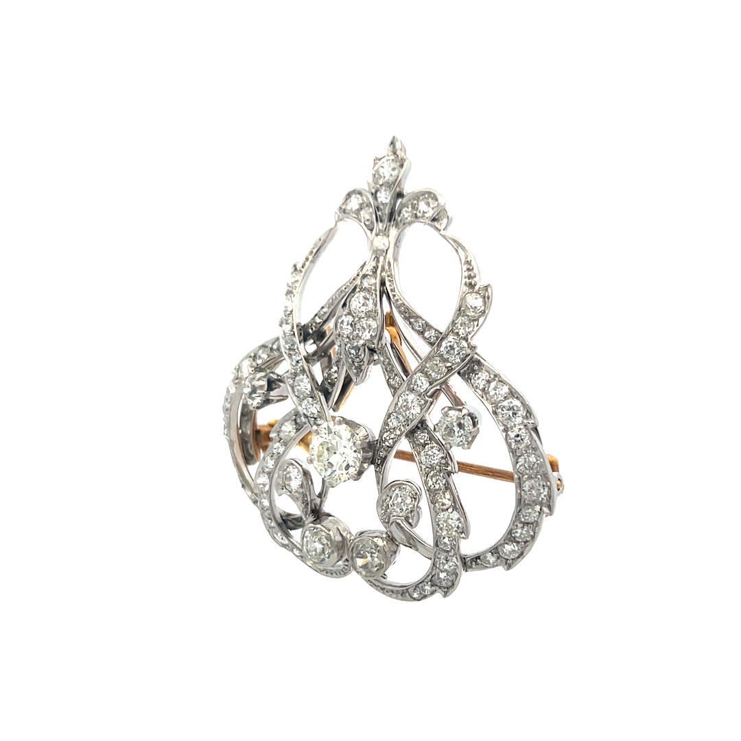 Victorian 5.43 Carat Old European Cut Diamond Pin Brooch in Platinum & 18K Gold