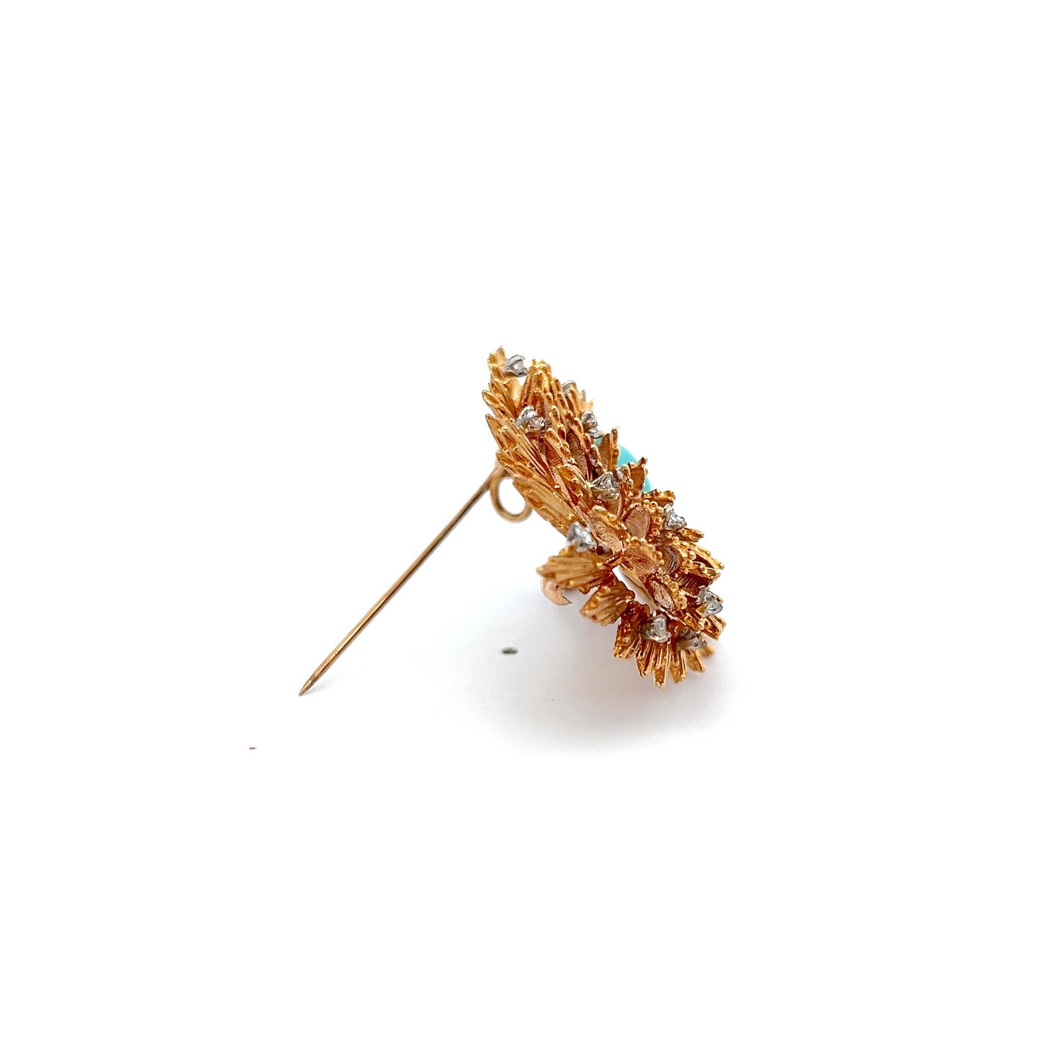Cherny Vintage 18K Yellow Gold Sunburst Pin Brooch with Turquoise Gemstone