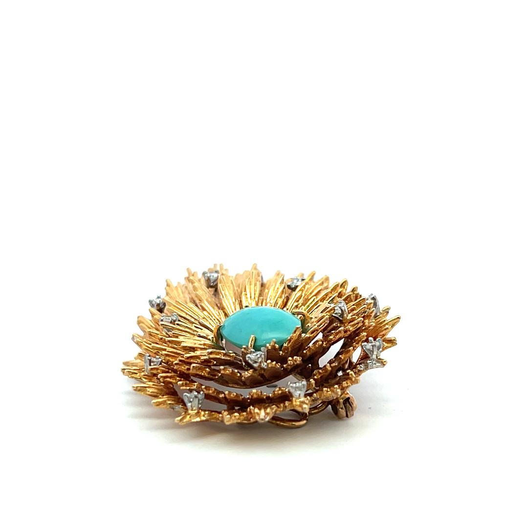 Cherny Vintage 18K Yellow Gold Sunburst Pin Brooch with Turquoise Gemstone