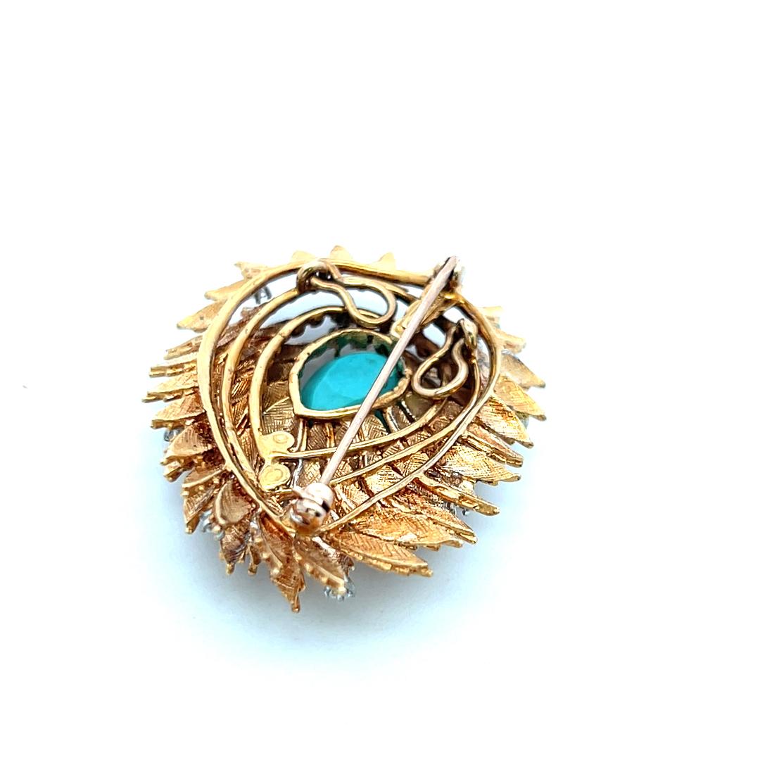 Cherny Vintage 18K Yellow Gold Sunburst Pin Brooch with Turquoise Gemstone
