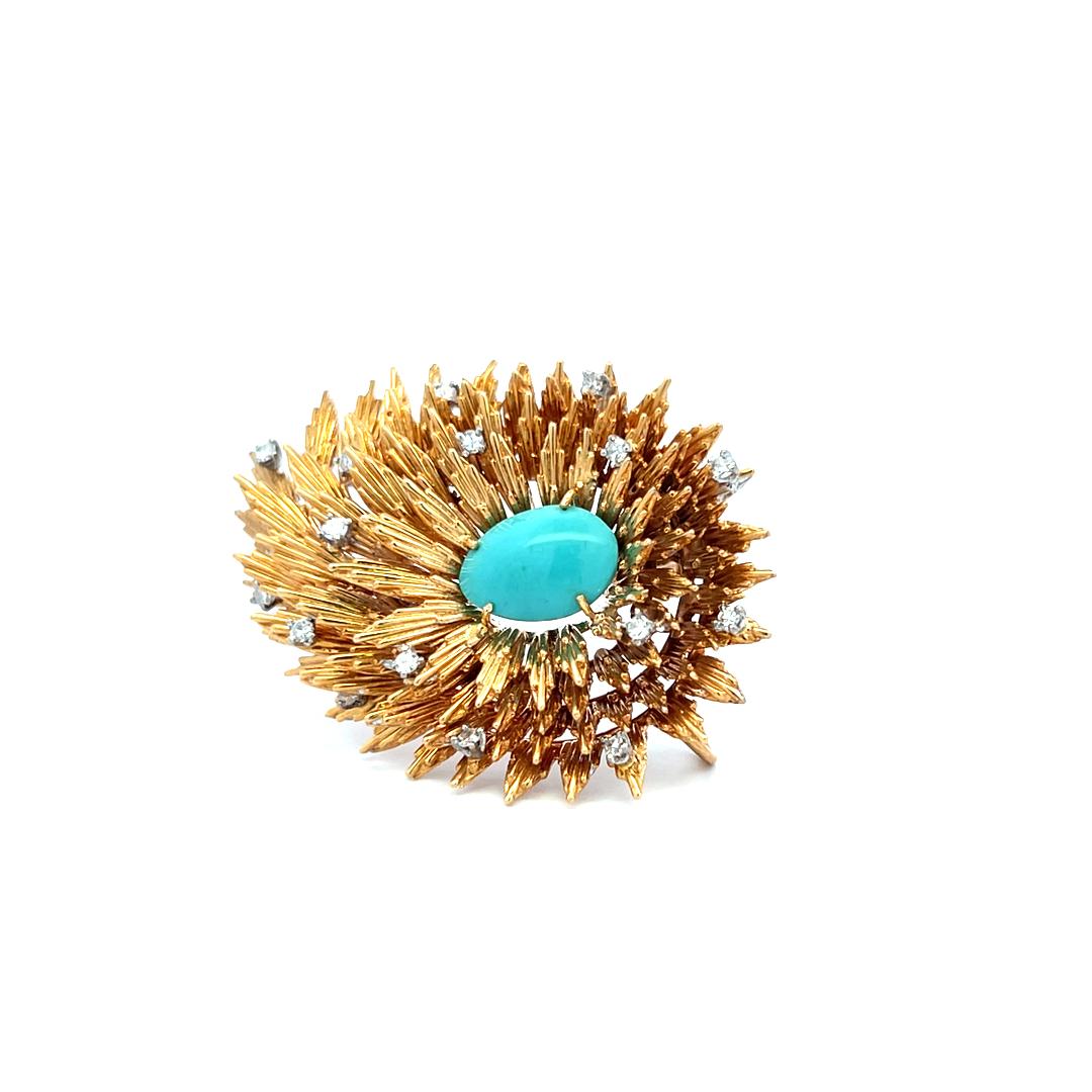 Cherny Vintage 18K Yellow Gold Sunburst Pin Brooch with Turquoise Gemstone