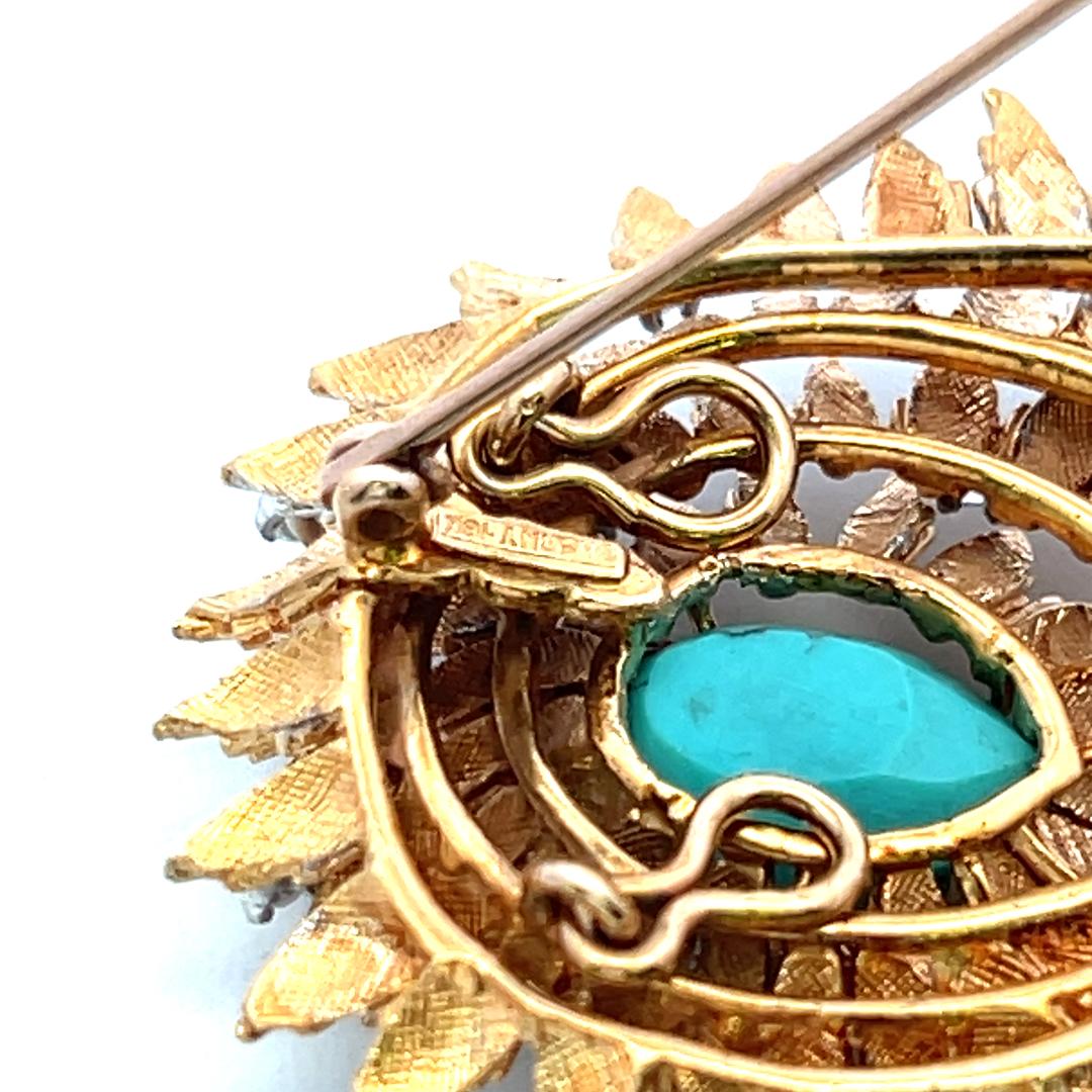 Cherny Vintage 18K Yellow Gold Sunburst Pin Brooch with Turquoise Gemstone