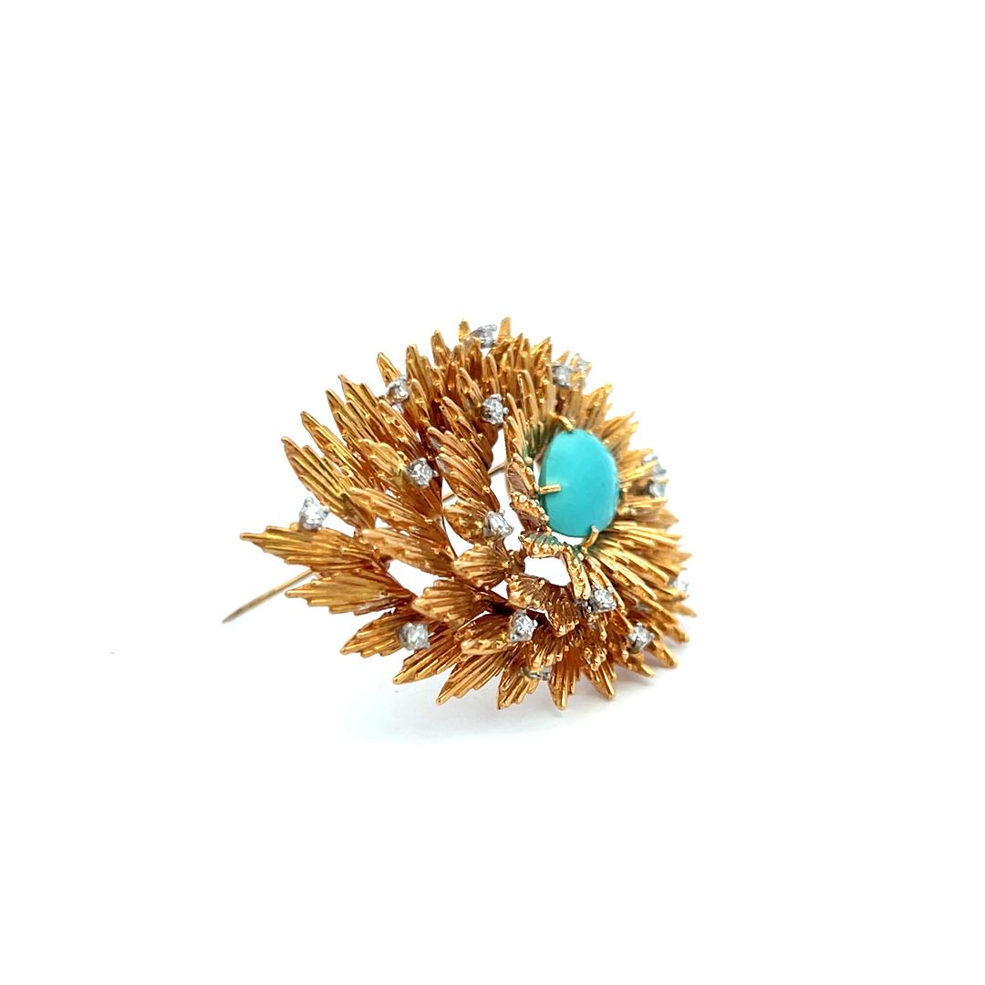 Cherny Vintage 18K Yellow Gold Sunburst Pin Brooch with Turquoise Gemstone