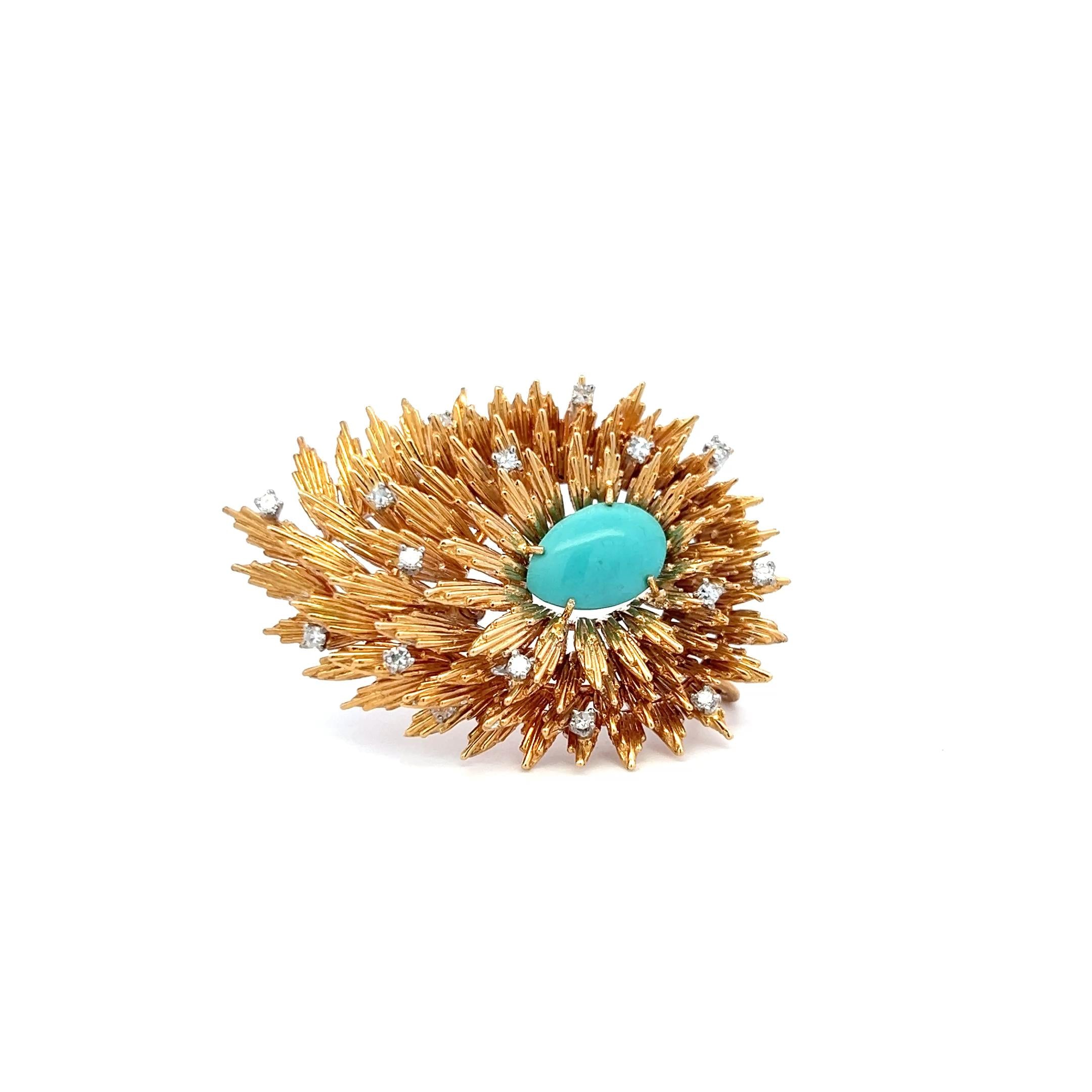 Cherny Vintage 18K Yellow Gold Sunburst Pin Brooch with Turquoise Gemstone