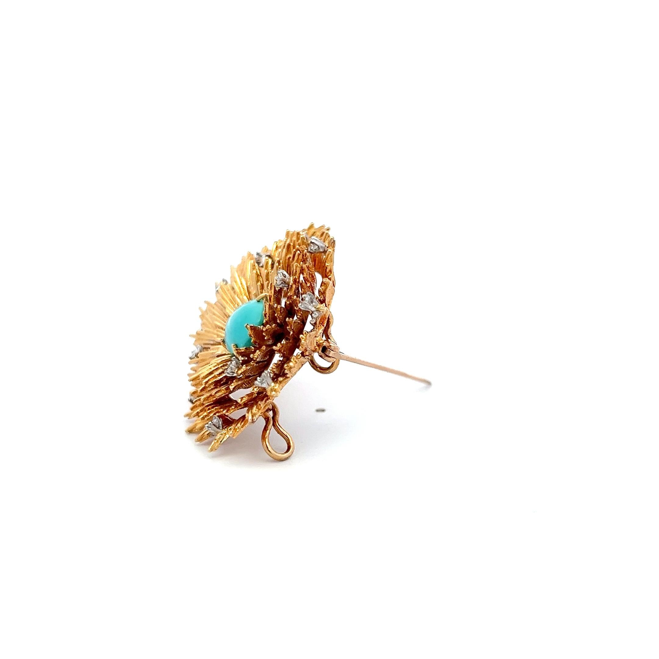 Cherny Vintage 18K Yellow Gold Sunburst Pin Brooch with Turquoise Gemstone