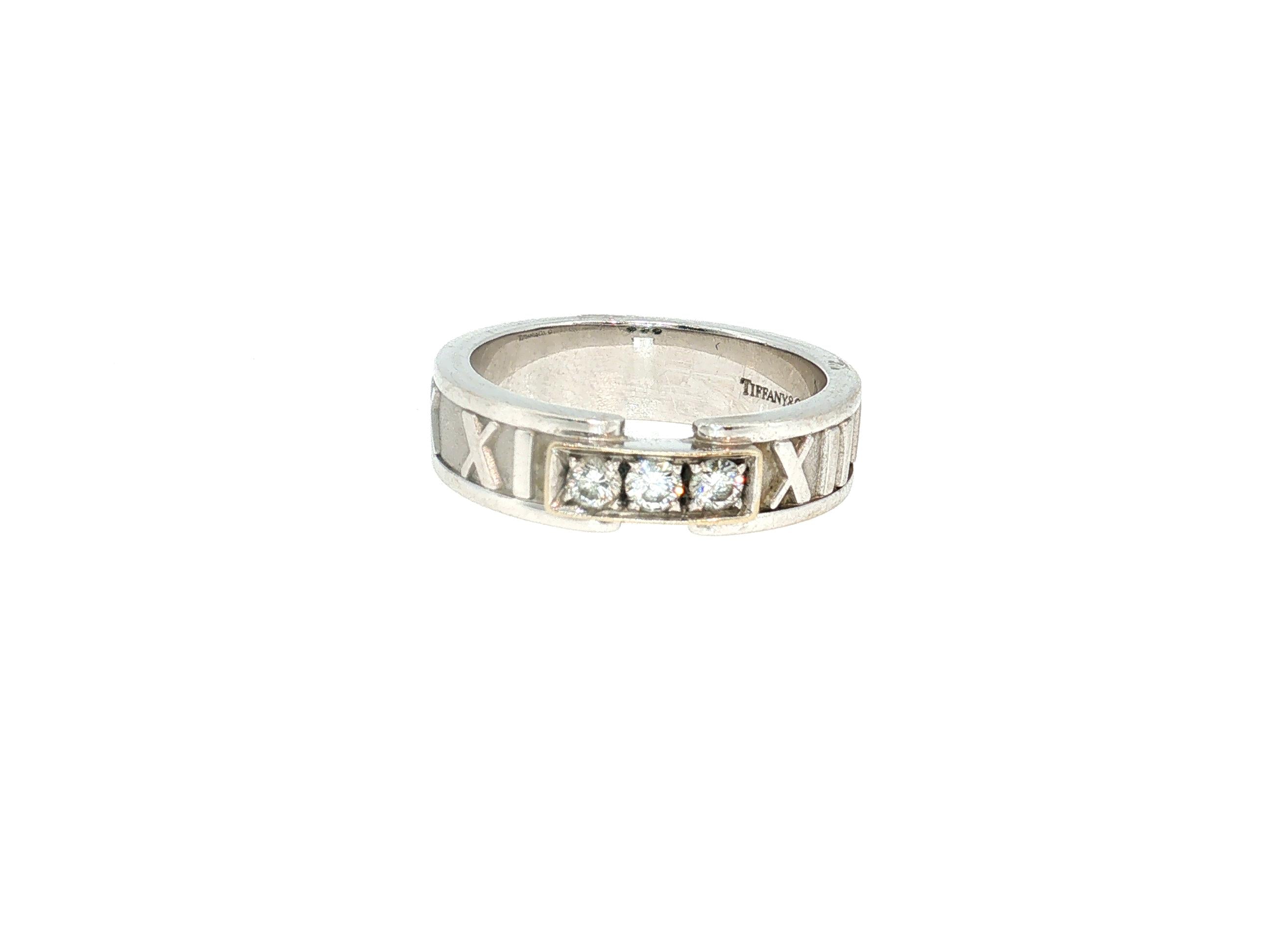 Tiffany & Co Atlas 18K WG Band Ring 0.12 Carat Round F VS Diamonds Size 6.5