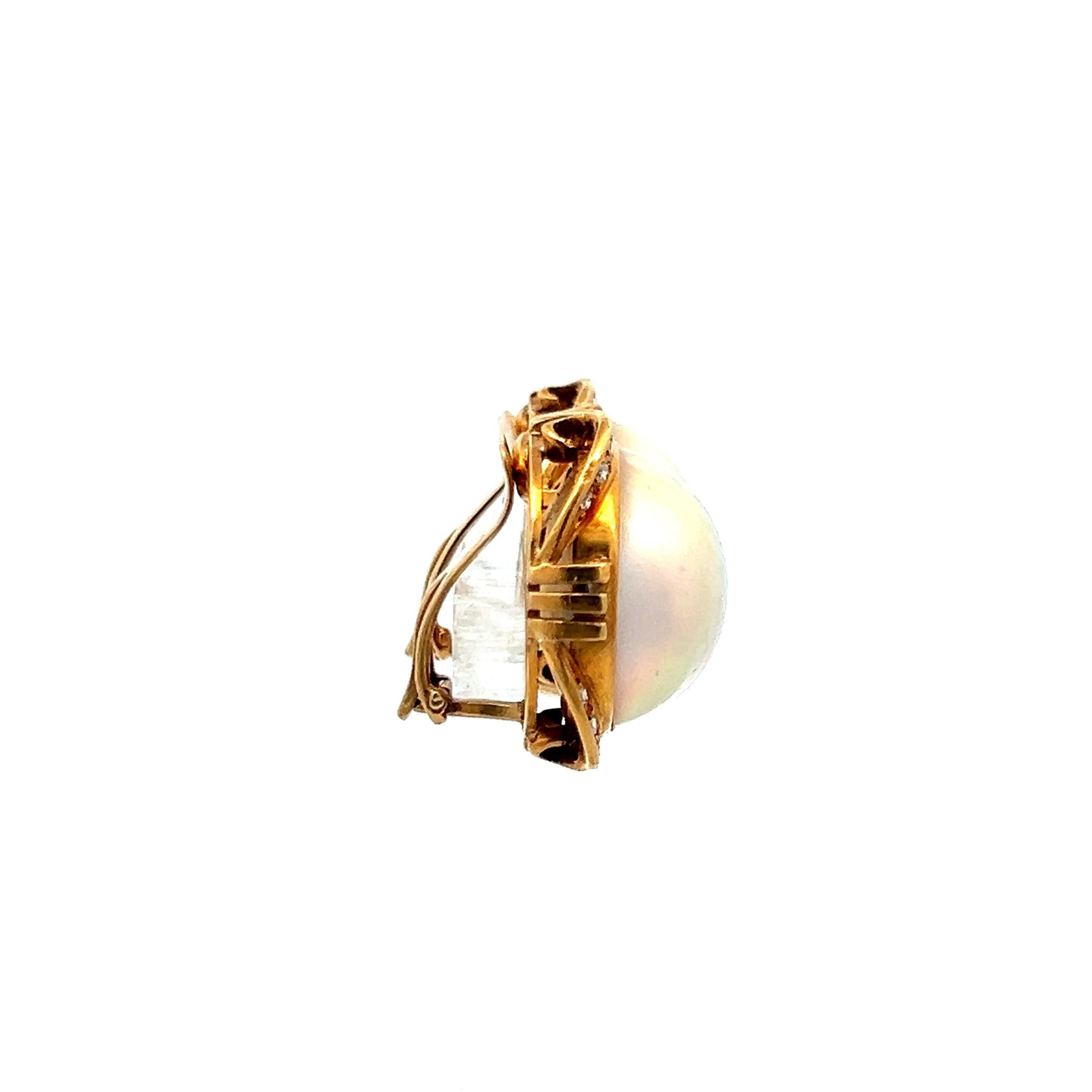 Vintage 1.00ct Pearl & 0.16ct Diamond Clip-On Earrings in 18K Yellow Gold