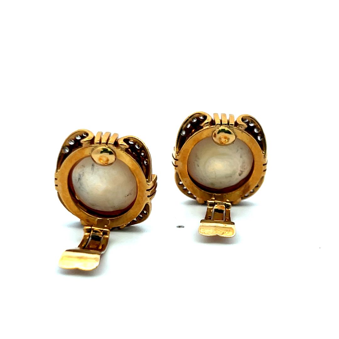 Vintage 1.00ct Pearl & 0.16ct Diamond Clip-On Earrings in 18K Yellow Gold