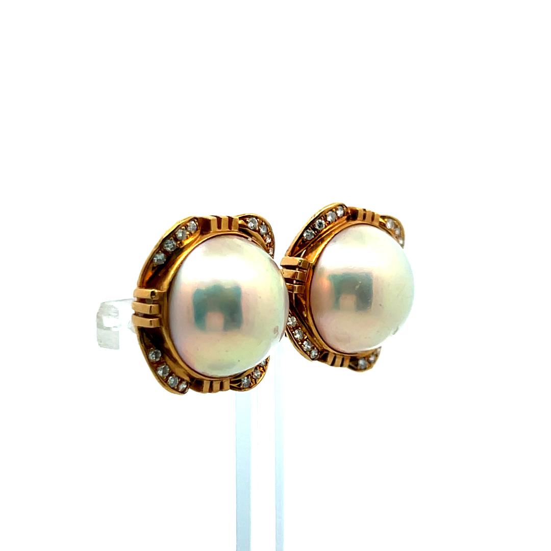 Vintage 1.00ct Pearl & 0.16ct Diamond Clip-On Earrings in 18K Yellow Gold