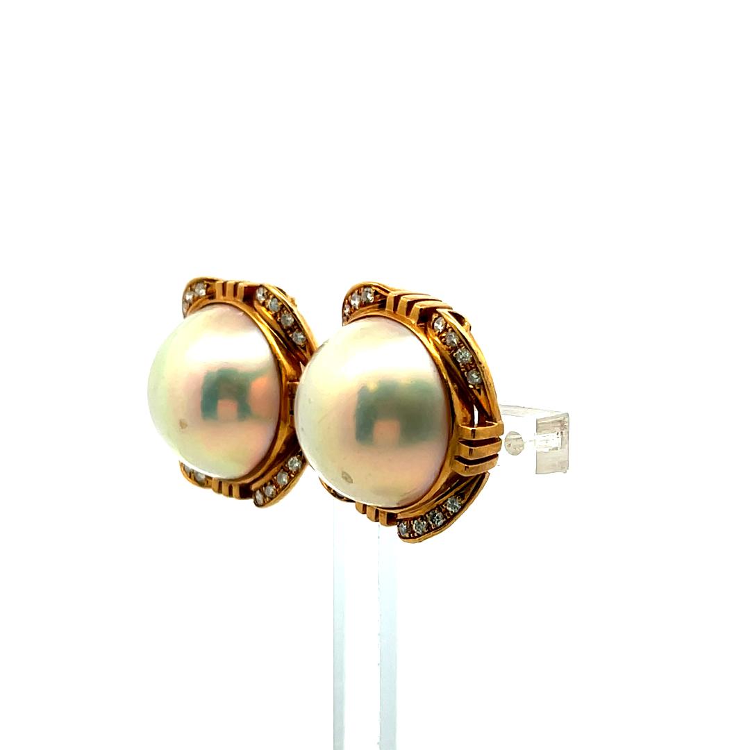 Vintage 1.00ct Pearl & 0.16ct Diamond Clip-On Earrings in 18K Yellow Gold