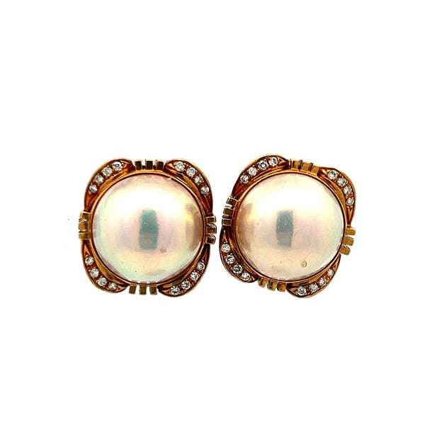 Vintage 1.00ct Pearl & 0.16ct Diamond Clip-On Earrings in 18K Yellow Gold