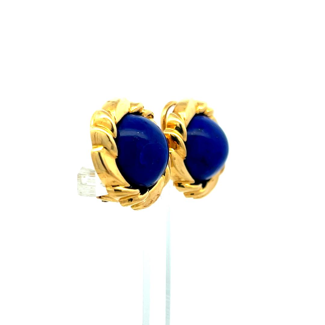 .8 MM Lapis Lazuli 18K Yellow Gold Clip-On Earrings – Vintage Blue Cabochon Stud