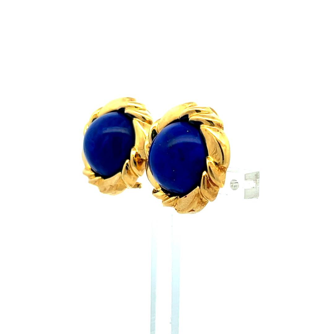 .8 MM Lapis Lazuli 18K Yellow Gold Clip-On Earrings – Vintage Blue Cabochon Stud