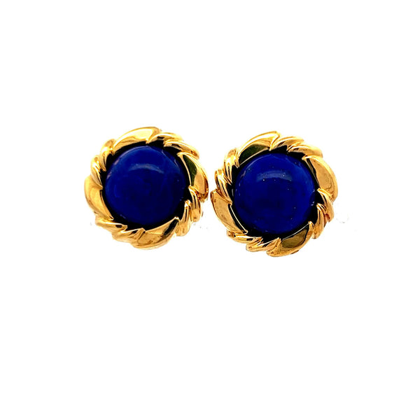 .8 MM Lapis Lazuli 18K Yellow Gold Clip-On Earrings – Vintage Blue Cabochon Stud