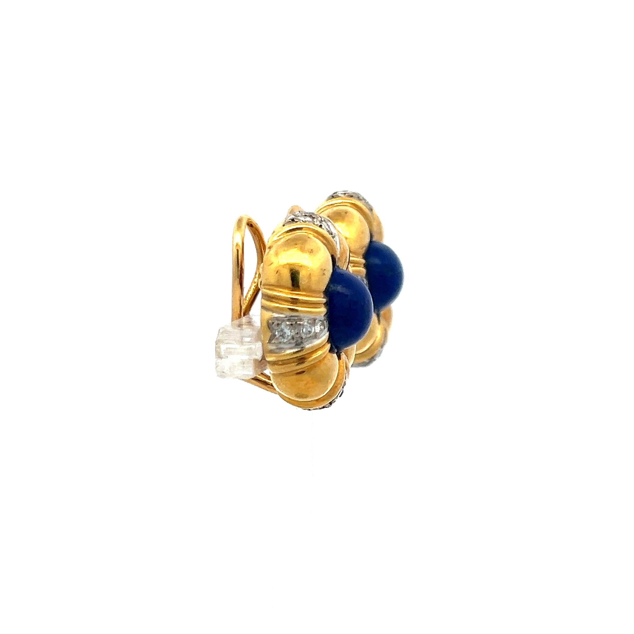 18K YG Clip On Earring 0.40 Carat Circular H SI Diamonds & 1 Carat Lapis Lazuli