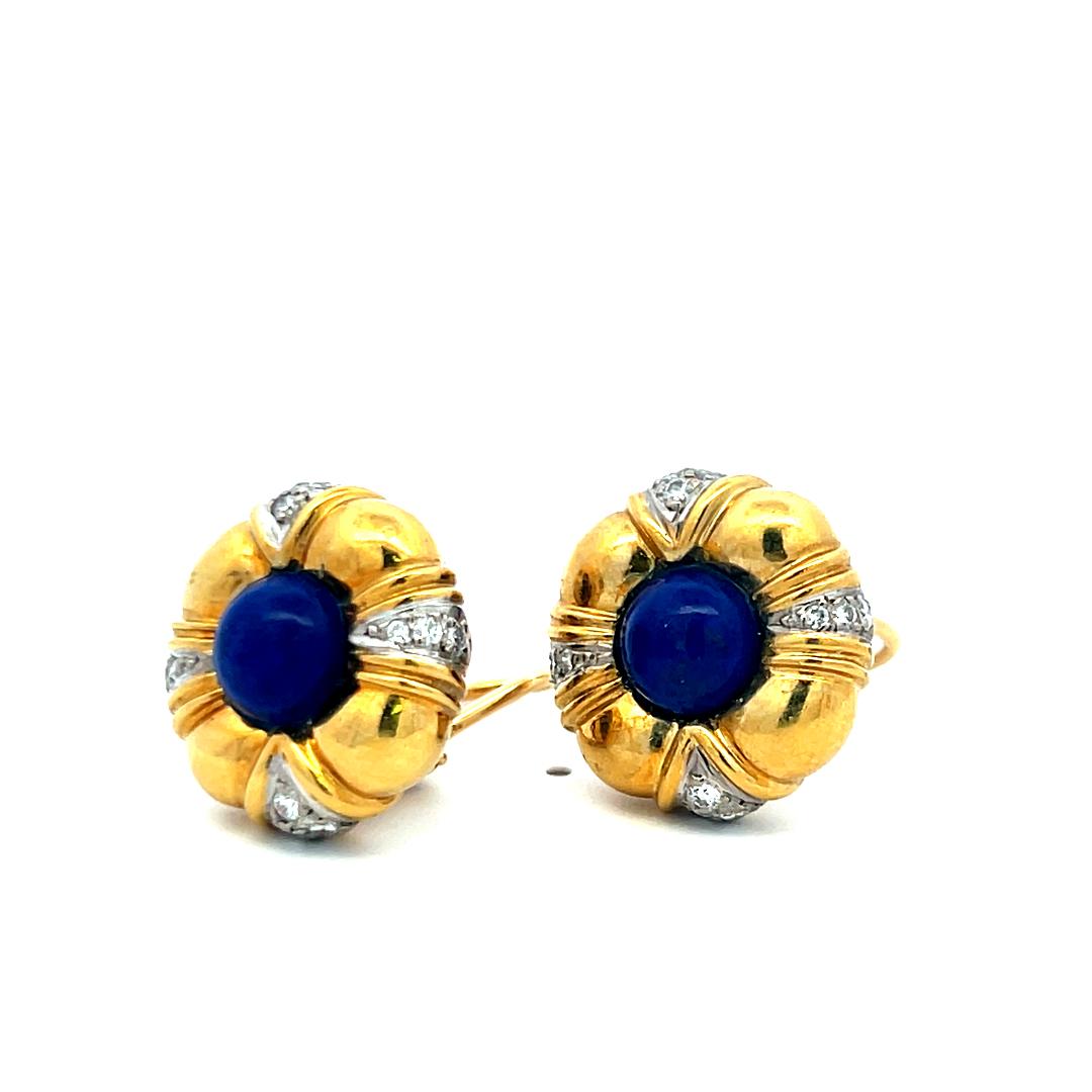 18K YG Clip On Earring 0.40 Carat Circular H SI Diamonds & 1 Carat Lapis Lazuli