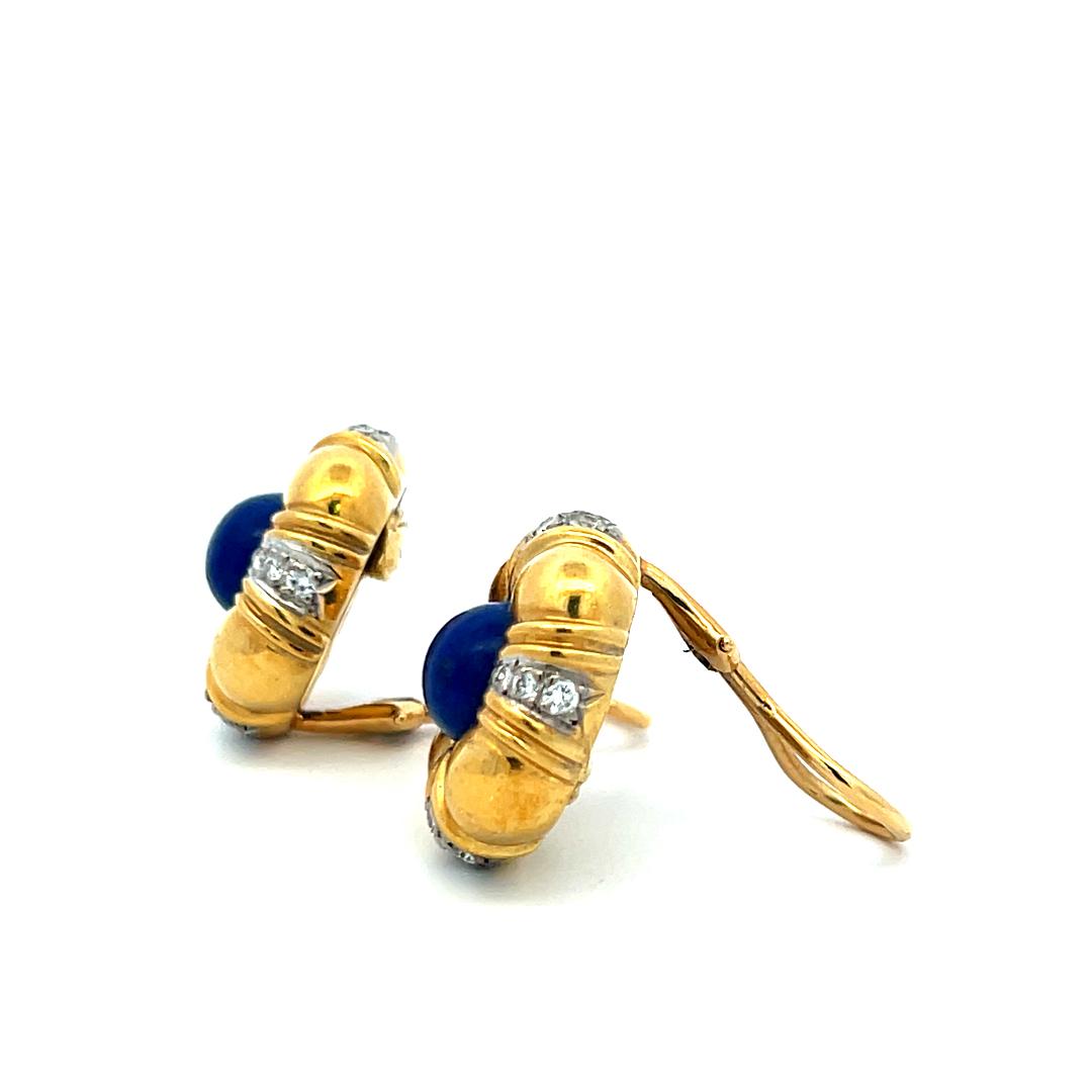 18K YG Clip On Earring 0.40 Carat Circular H SI Diamonds & 1 Carat Lapis Lazuli