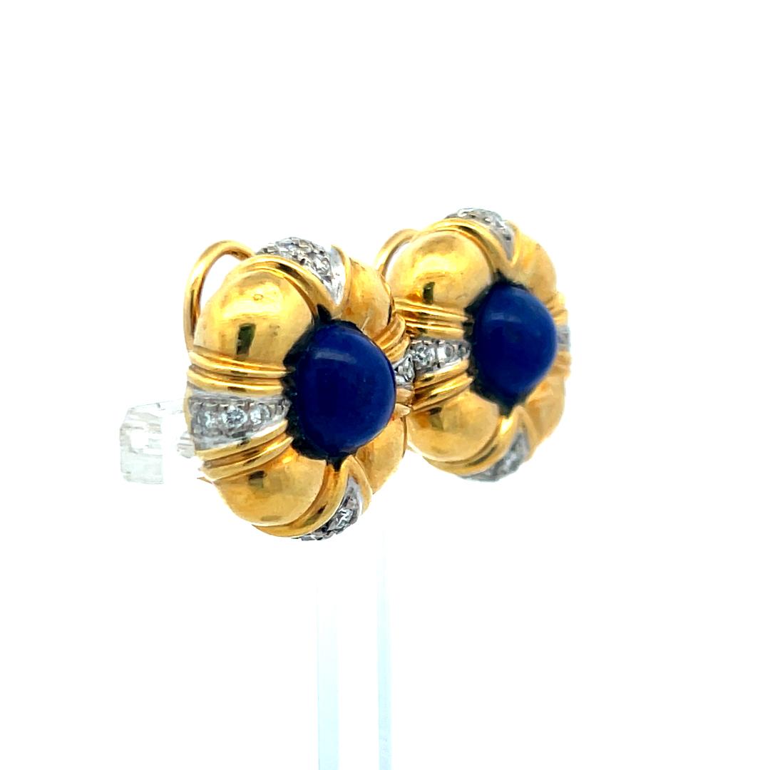 18K YG Clip On Earring 0.40 Carat Circular H SI Diamonds & 1 Carat Lapis Lazuli