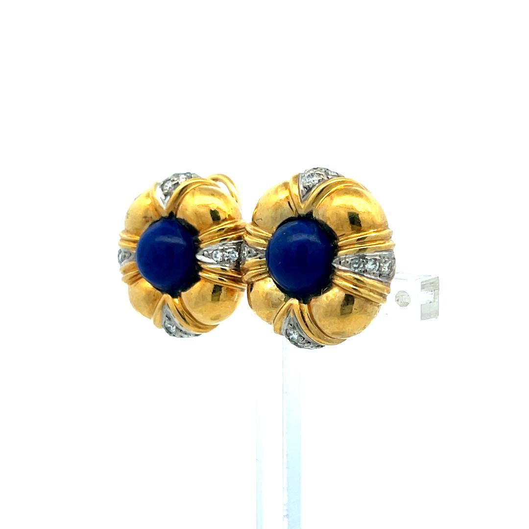 18K YG Clip On Earring 0.40 Carat Circular H SI Diamonds & 1 Carat Lapis Lazuli