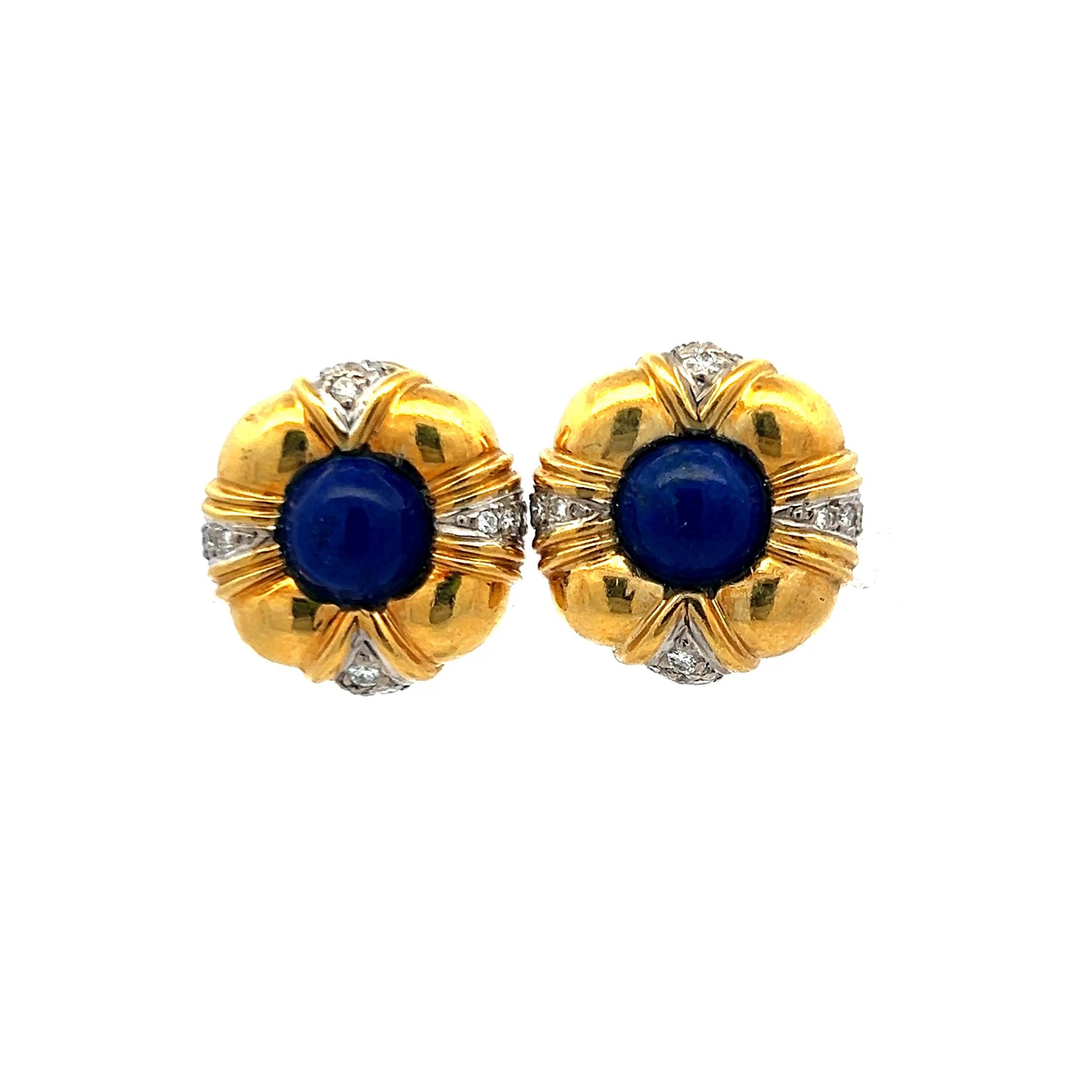 18K YG Clip On Earring 0.40 Carat Circular H SI Diamonds & 1 Carat Lapis Lazuli