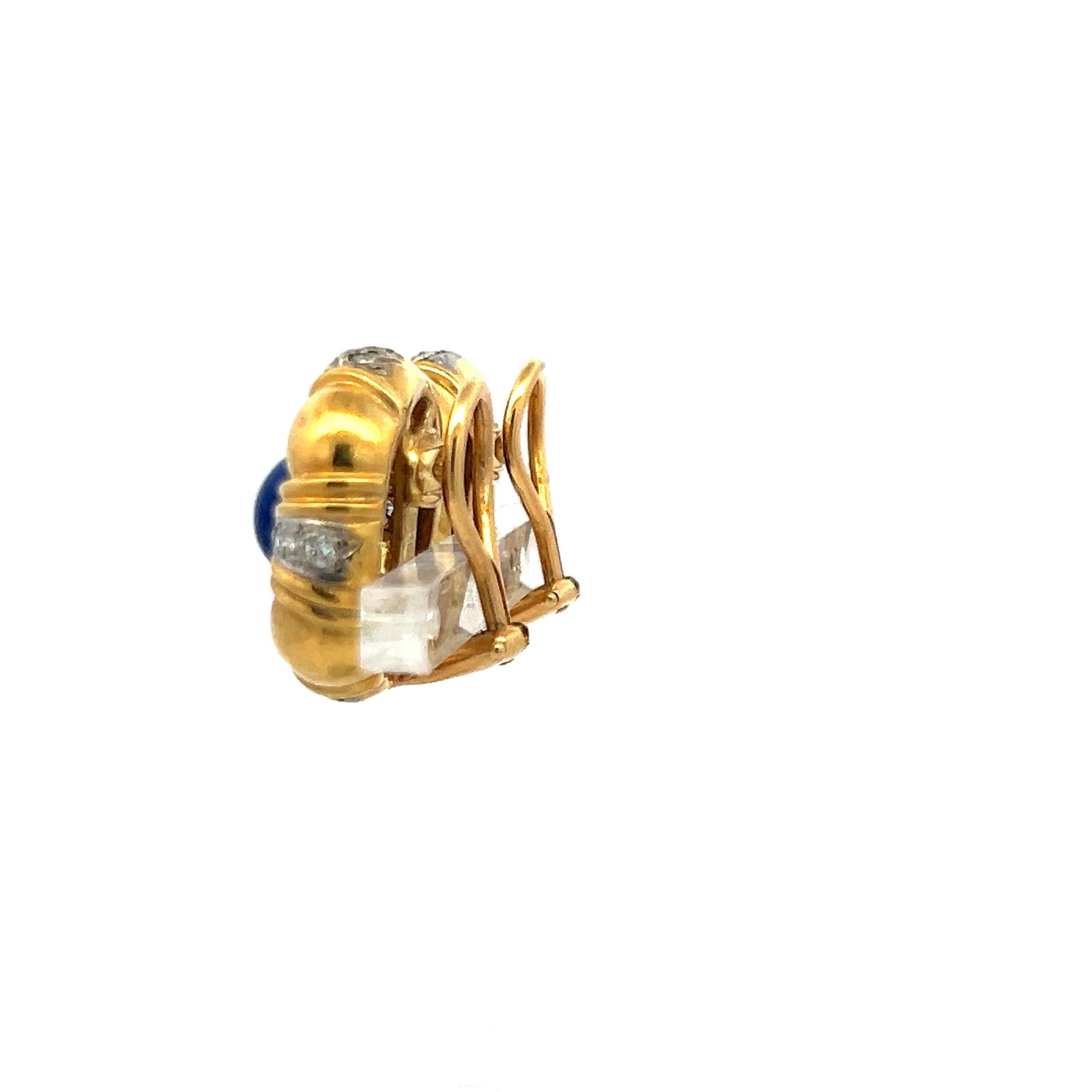 18K YG Clip On Earring 0.40 Carat Circular H SI Diamonds & 1 Carat Lapis Lazuli
