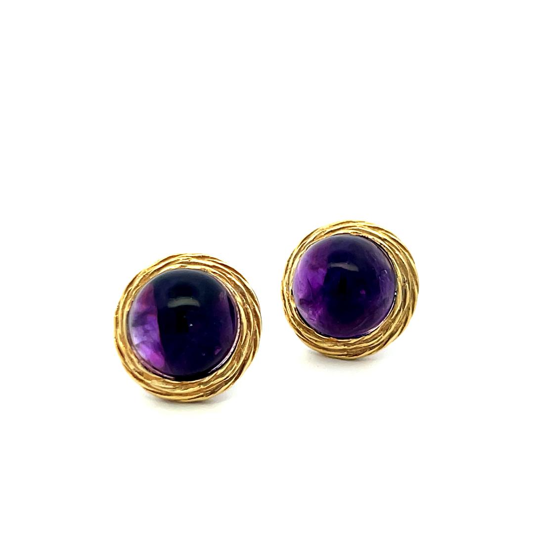 Vintage 12.5mm Cabochon Amethyst Rope Design Clip-On Earrings in 14K Yellow Gold