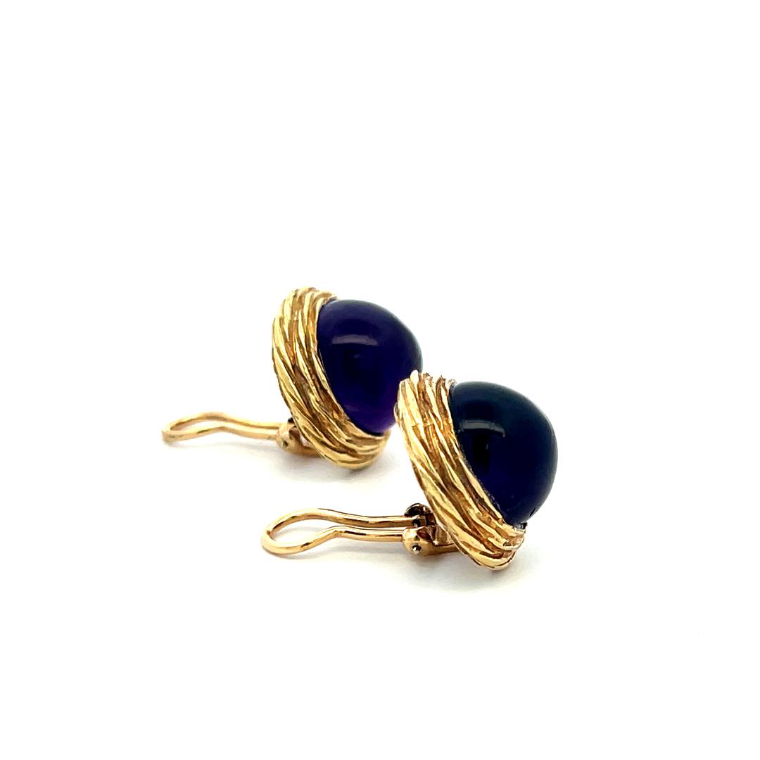 Vintage 12.5mm Cabochon Amethyst Rope Design Clip-On Earrings in 14K Yellow Gold