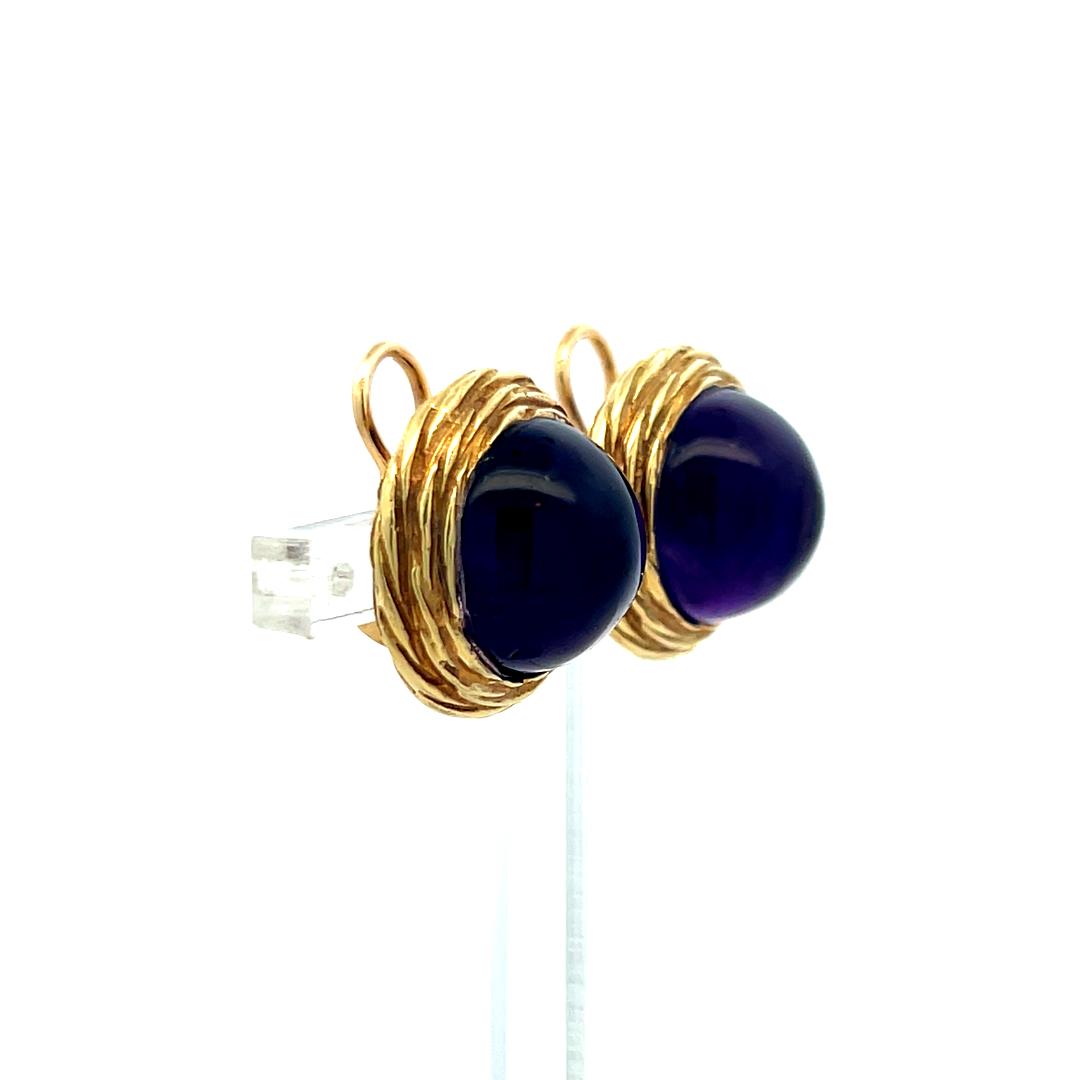 Vintage 12.5mm Cabochon Amethyst Rope Design Clip-On Earrings in 14K Yellow Gold