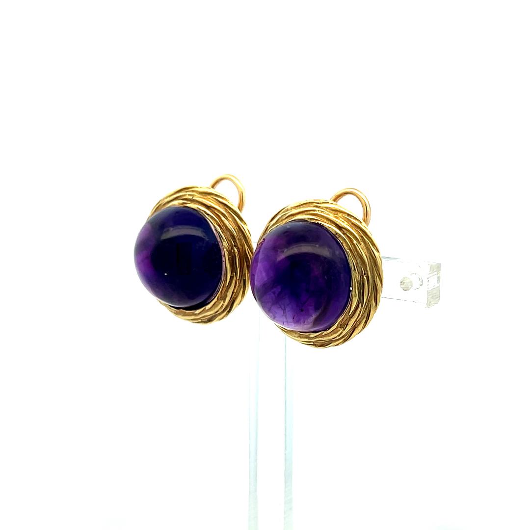 Vintage 12.5mm Cabochon Amethyst Rope Design Clip-On Earrings in 14K Yellow Gold