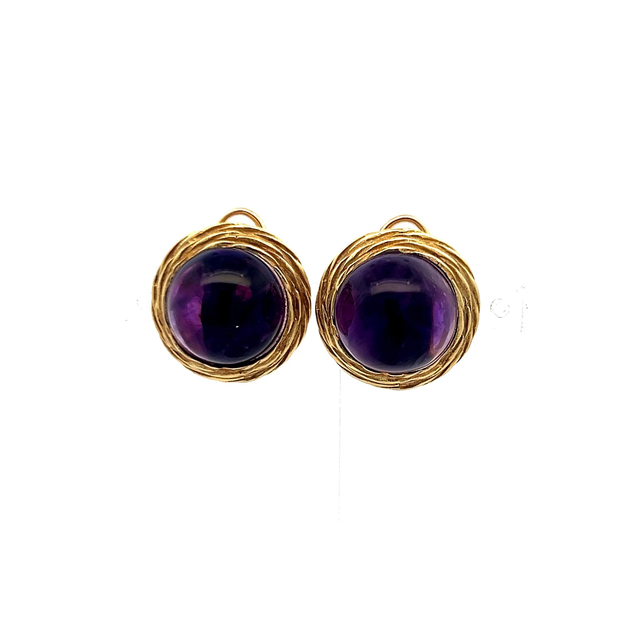 Vintage 12.5mm Cabochon Amethyst Rope Design Clip-On Earrings in 14K Yellow Gold