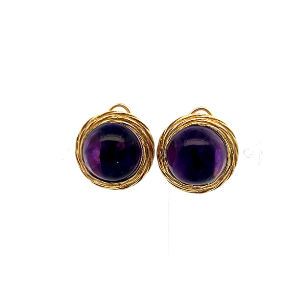 Vintage 12.5mm Cabochon Amethyst Rope Design Clip-On Earrings in 14K Yellow Gold