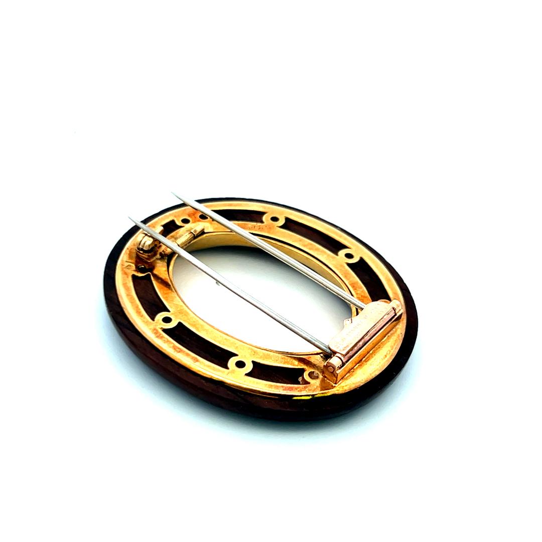 Van Cleef & Arpels 18K Yellow Gold and Wood Vintage Oval Pin Brooch