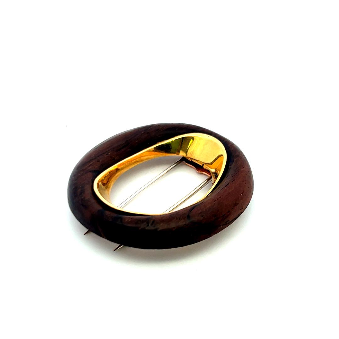 Van Cleef & Arpels 18K Yellow Gold and Wood Vintage Oval Pin Brooch
