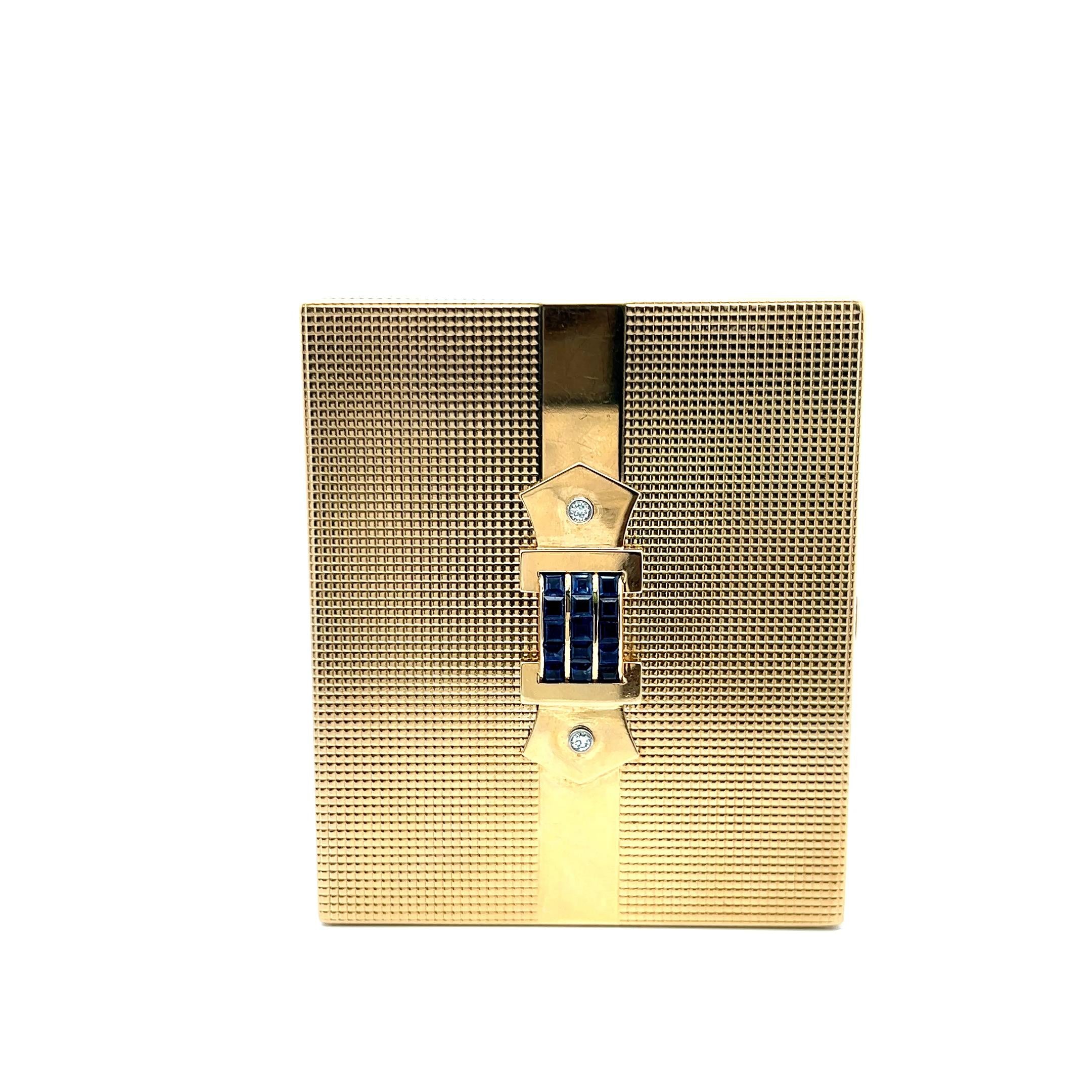 14K YG Cigarette Box with 0.14 Carat Diamonds & 2.98 Carat Sapphire 123.9g