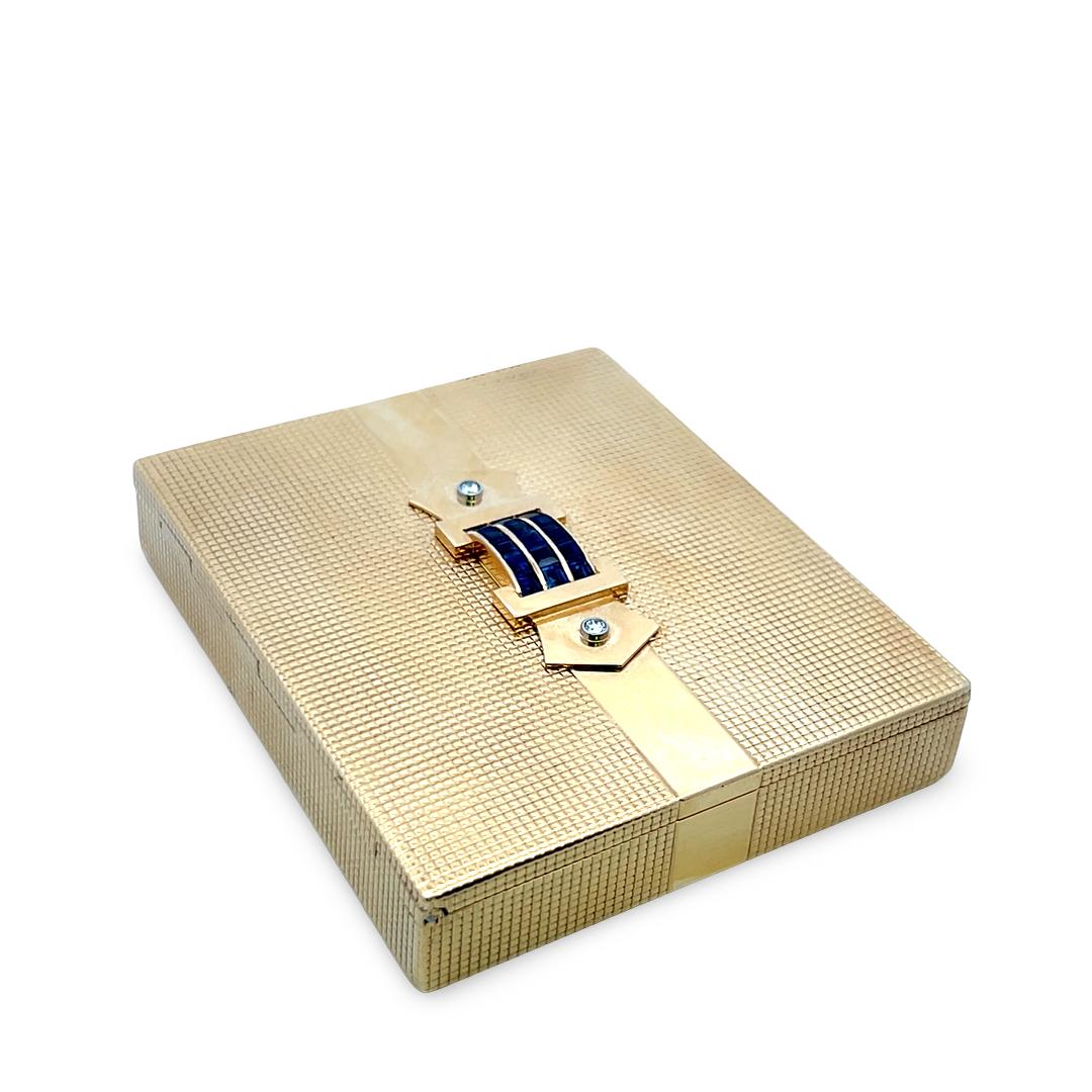 14K YG Cigarette Box with 0.14 Carat Diamonds & 2.98 Carat Sapphire 123.9g