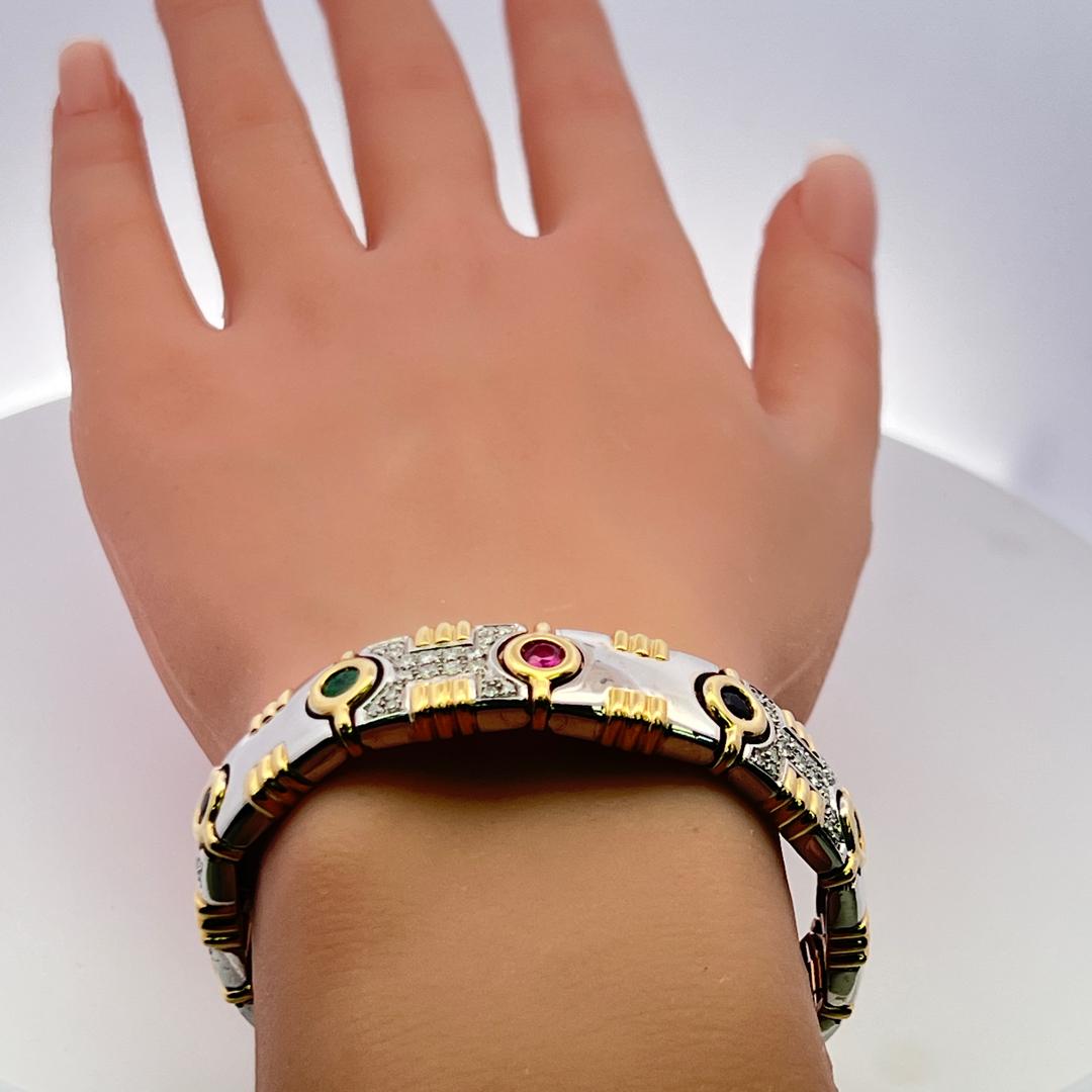 1.20ct Diamond, 0.80ct Emerald, 0.60ct Ruby & Sapphire Link Bracelet in 18K Gold