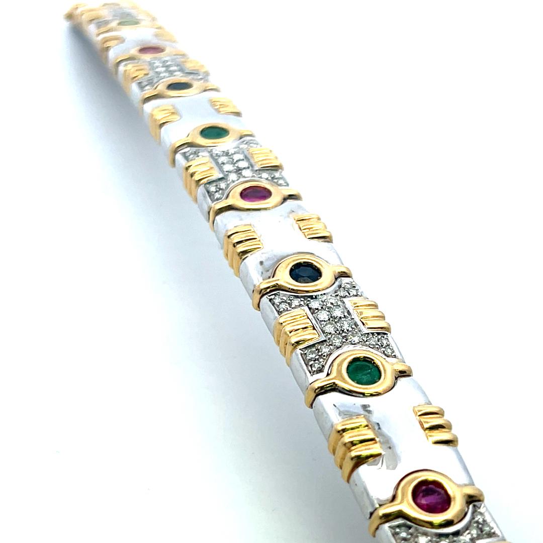 1.20ct Diamond, 0.80ct Emerald, 0.60ct Ruby & Sapphire Link Bracelet in 18K Gold