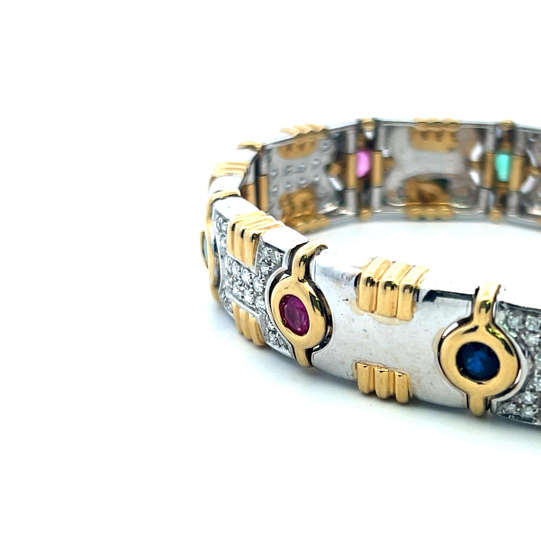 1.20ct Diamond, 0.80ct Emerald, 0.60ct Ruby & Sapphire Link Bracelet in 18K Gold