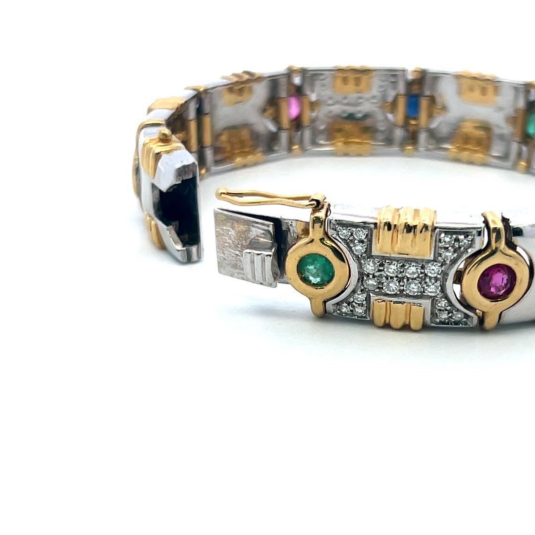 1.20ct Diamond, 0.80ct Emerald, 0.60ct Ruby & Sapphire Link Bracelet in 18K Gold