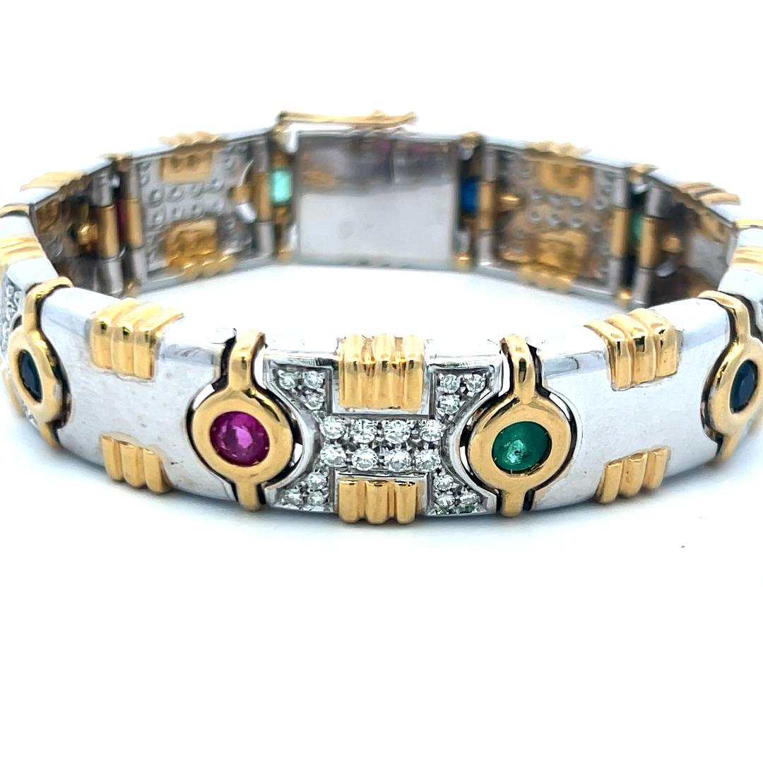 1.20ct Diamond, 0.80ct Emerald, 0.60ct Ruby & Sapphire Link Bracelet in 18K Gold