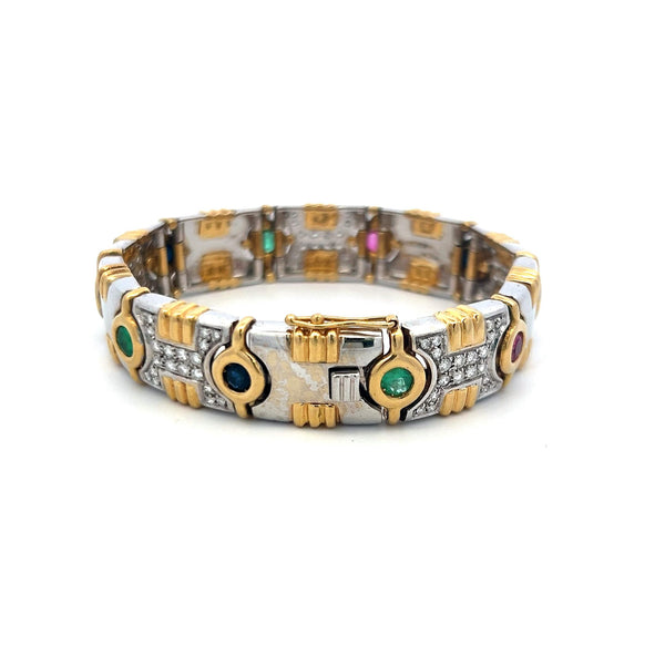 1.20ct Diamond, 0.80ct Emerald, 0.60ct Ruby & Sapphire Link Bracelet in 18K Gold