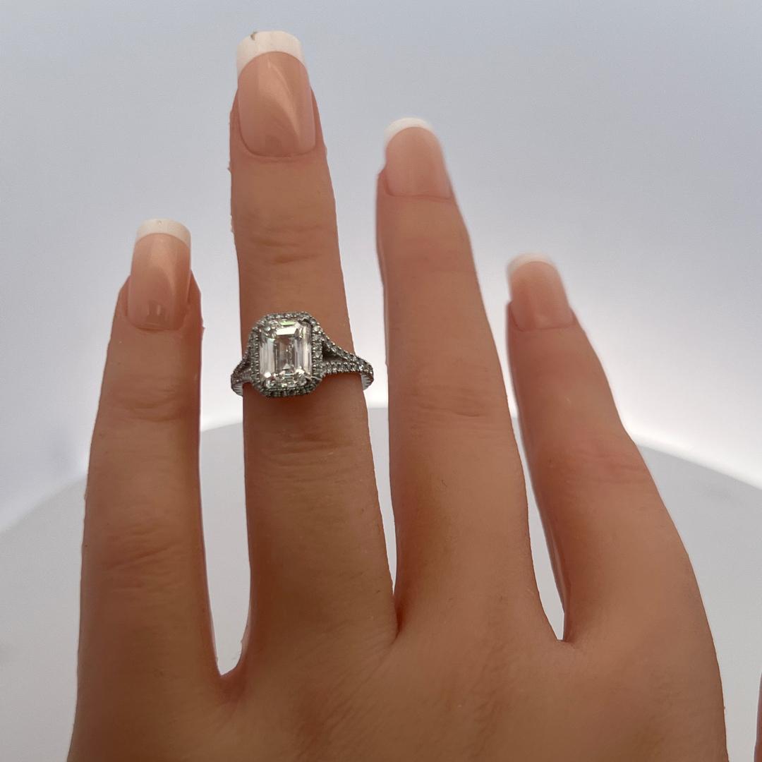 3.14ct Emerald Cut G VS2 Diamond Halo Engagement Ring in Platinum with GIA