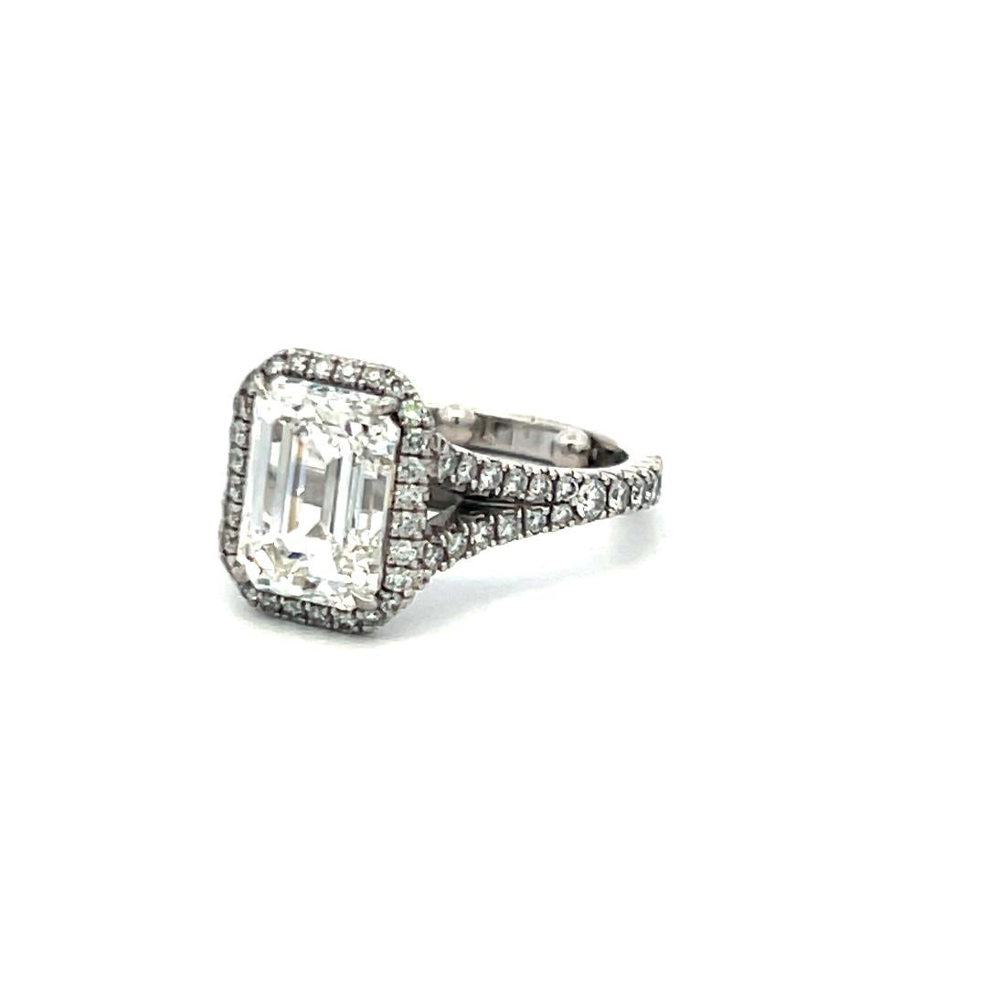 3.14ct Emerald Cut G VS2 Diamond Halo Engagement Ring in Platinum with GIA
