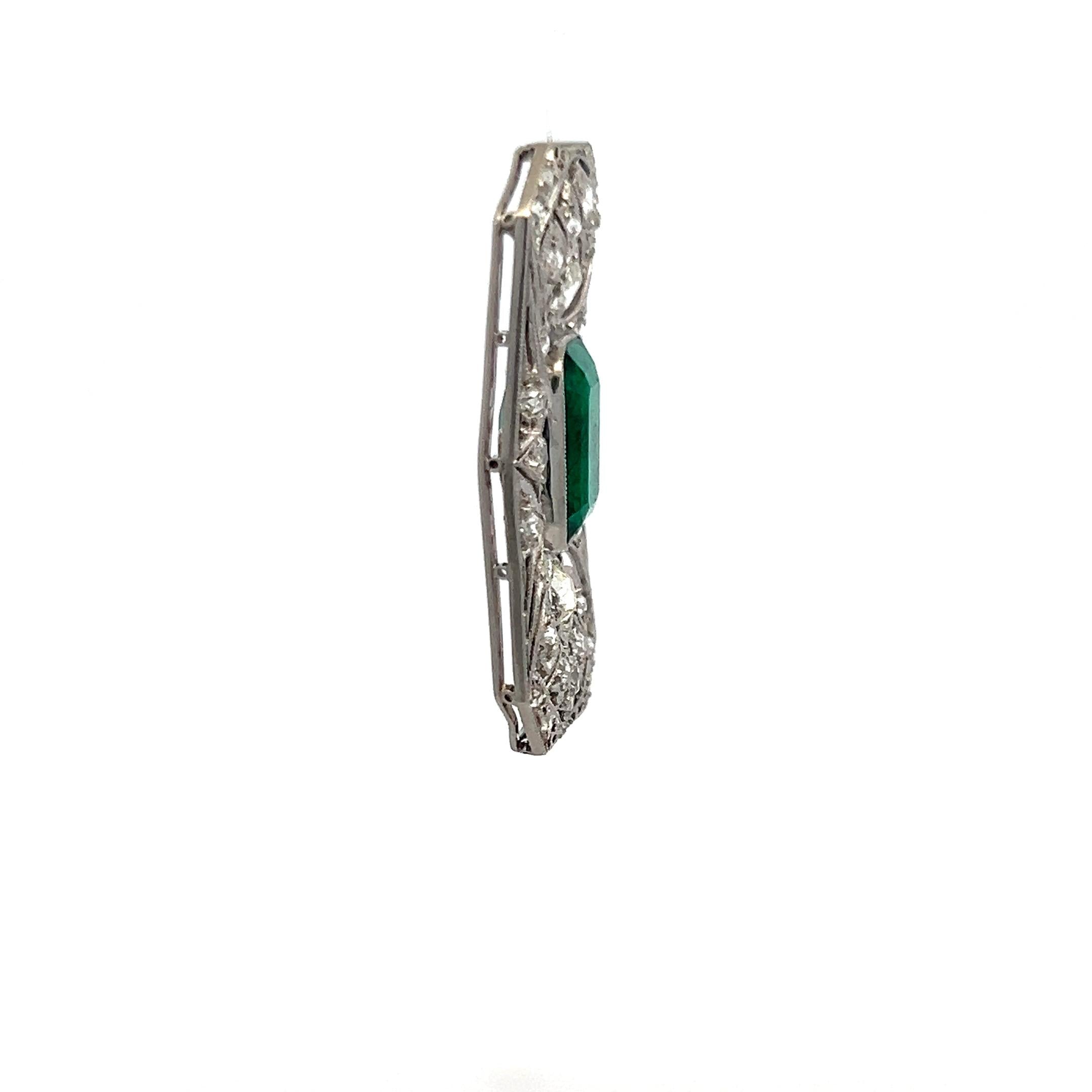 Platinum Pin Brooch with 0.74ct Old European Diamonds and 5ct Synthetic Emerald