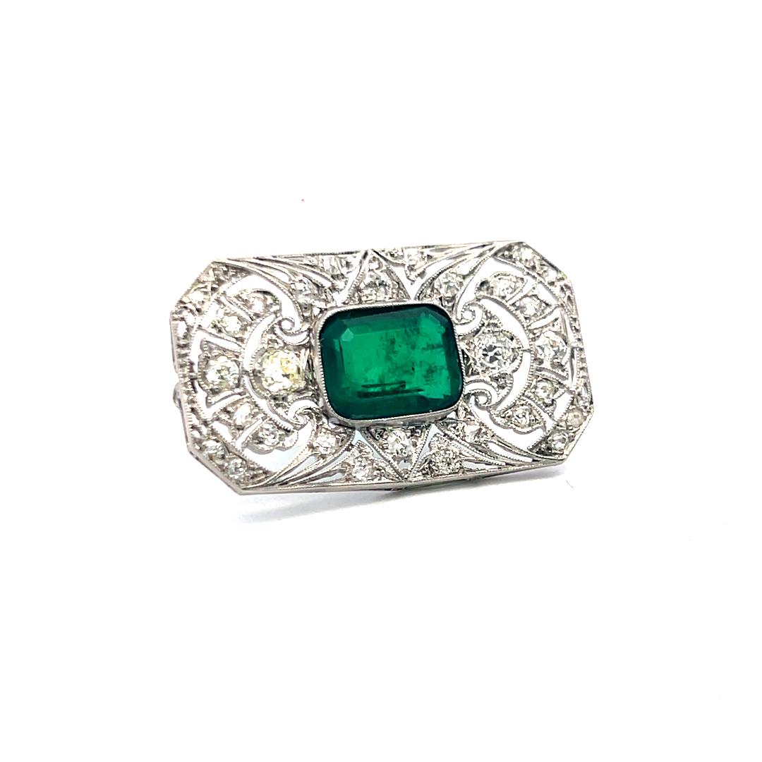 Platinum Pin Brooch with 0.74ct Old European Diamonds and 5ct Synthetic Emerald