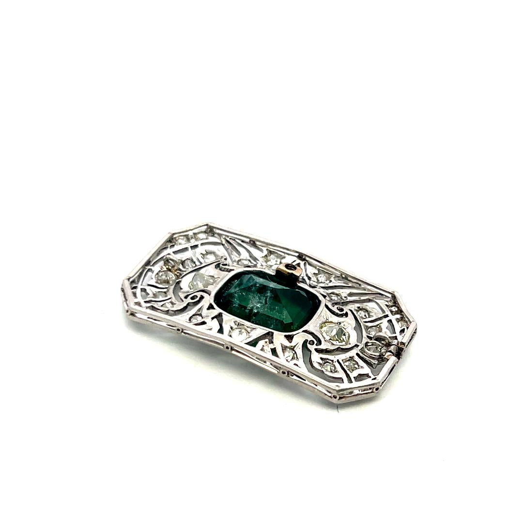 Platinum Pin Brooch with 0.74ct Old European Diamonds and 5ct Synthetic Emerald